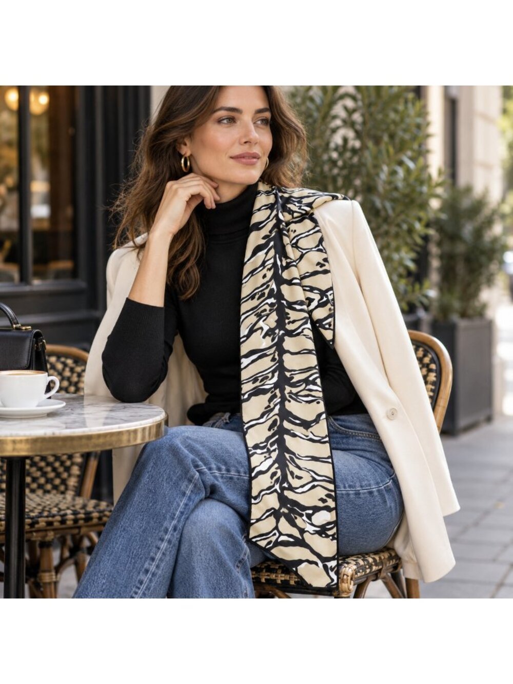 Echo Long Oblong Scarf Beige Black White Abstract Print 65” Statement Wrap
